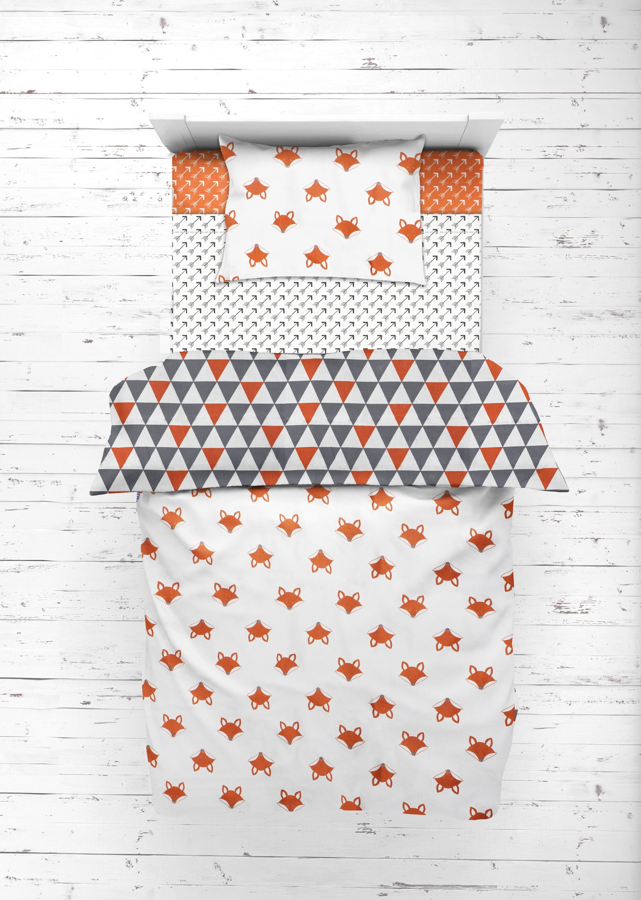 Bacati - Playful Foxs 3-Piece 100% Cotton Percale Toddler Sheet Set, Orange/Gray
