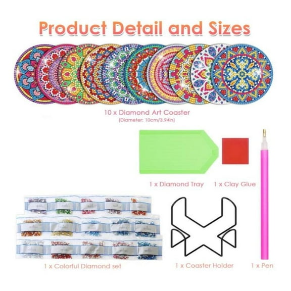 1Set Diamond Art Painting Art Coasters Kits, 10Pcs Mandala Diamond Art Coasters, Arts and Crafts for Adults Colorful Tableware