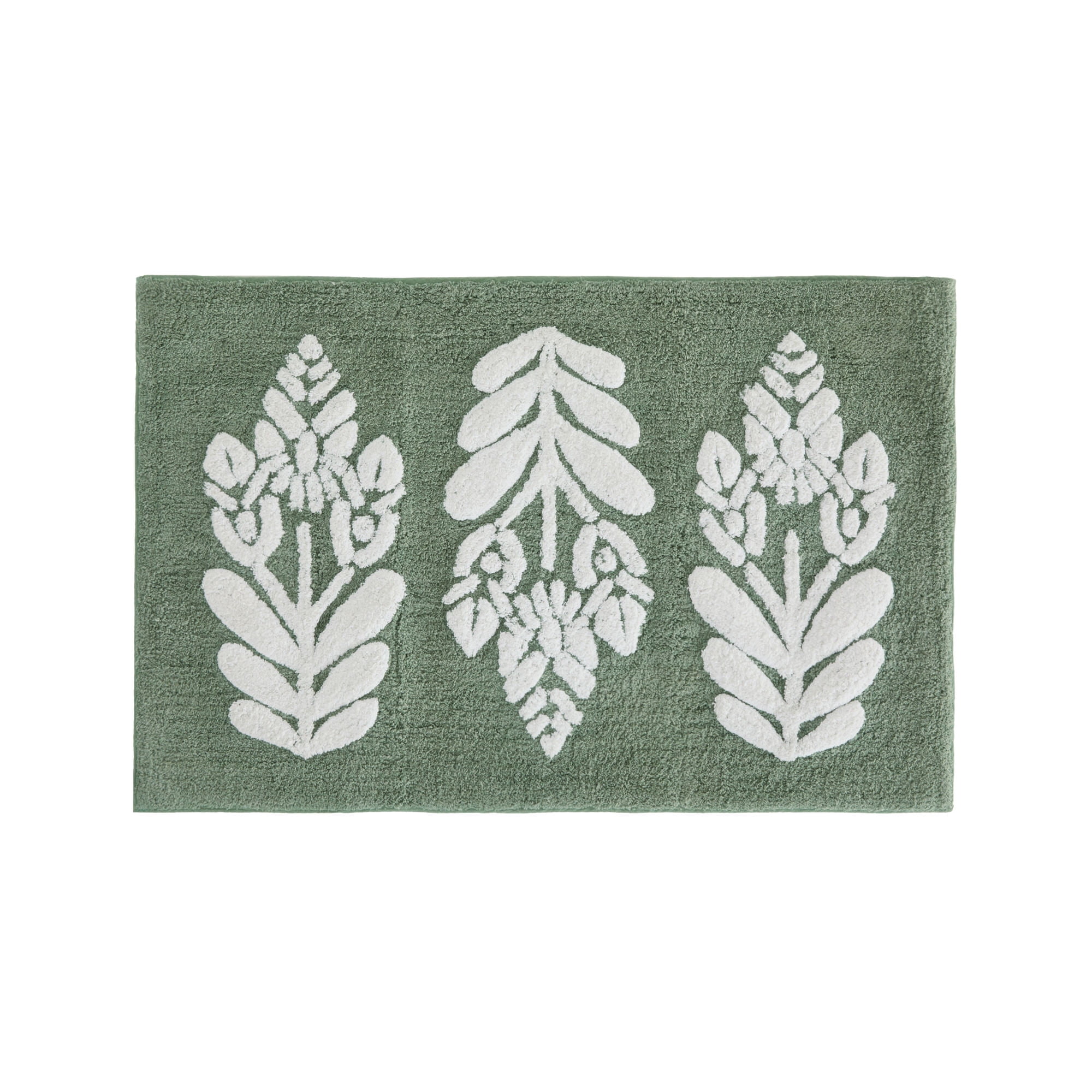 Noble Linens Floral Pattern Cotton Bath Mat, 34 in x 21 in, Folk Leaves Sage
