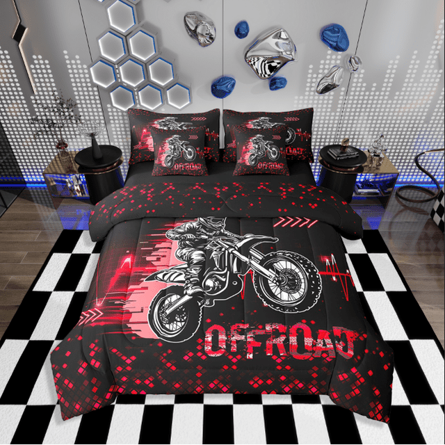 Erosebridal Ensembles de Literie pour Garçons de Motocross Format Simple pour Ados, Ensembles de Douillette Noir Rouge avec Draps, Décoration à Thème Sportif, Réversible, Respirant, 7 Pcs
