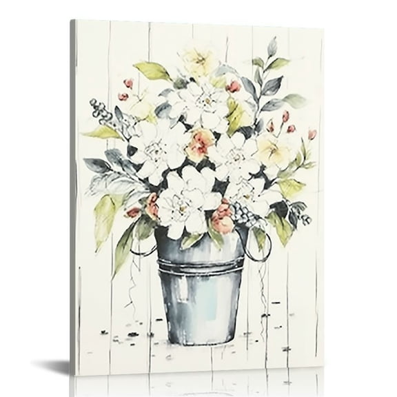 COMIO Farmhouse Wall Art - Plant Flower Pictures Wall Art, Modern Farmhouse Bathroom Wall Decor, White Flower Canvas Print, Still life with Vase Painting Framed Artwork for Rustic Home Wall Decor