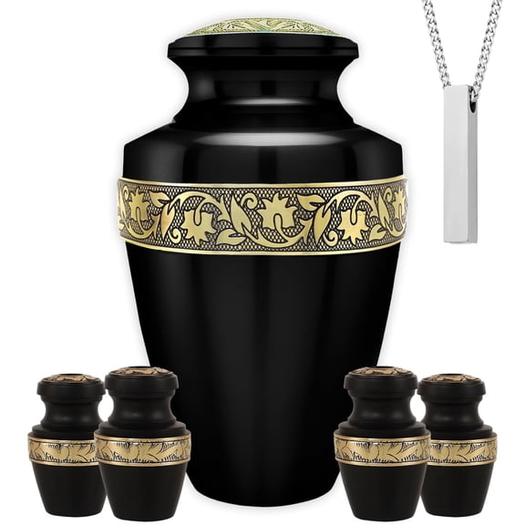 Black Aluminum Cremation Urn Set – 6-Piece Memorial Collection with Large Adult Cremation Urn and Mini Keepsake Urns for Human Ashes, Handcrafted Tribute