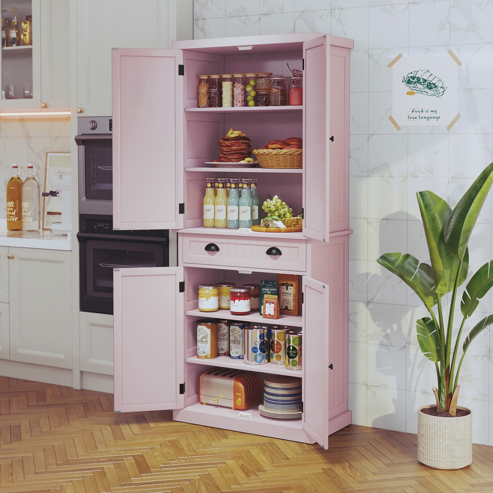 72" Tall Kitchen Pantry Cabinet with Drawer & Adjustable Shelves, Freestanding Storage Cabinet, Pink