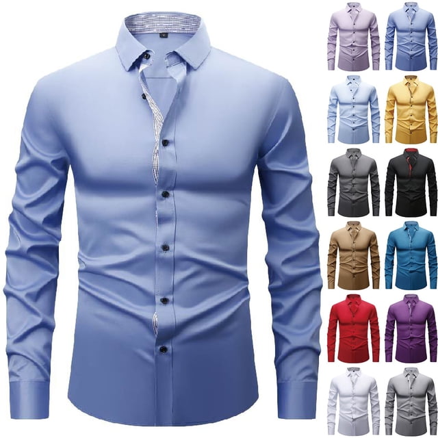 Xcmzpl Mens Business Dress Shirts Long Sleeve Casual Button Down Shirt Formal Inner Collar Contrast Shirt for Men Wedding