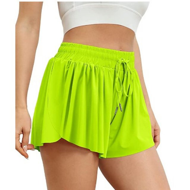 Workout Athletic Shorts for Womens 2 In 1 Double Layer Flowy Hem Running Shorts Biker Shorts Quick-Drawstring High Waisted Gym Yoga Tennis Shorts Butterfly Skirt