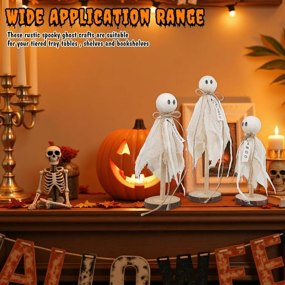 3 Pcs Wooden Ghost Halloween Decorations Indoor–Rustic Shelf Sitters with Fabric Ghost Figures – Halloween Table Decor for Tiered Tray, Mantel, Halloween Party Supplies（White）