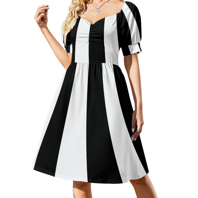 Vestido retro de manga corta con estampado de rayas blancas y negras para mujer, vestidos de falda de verano para mujer, vestido de verano 2025