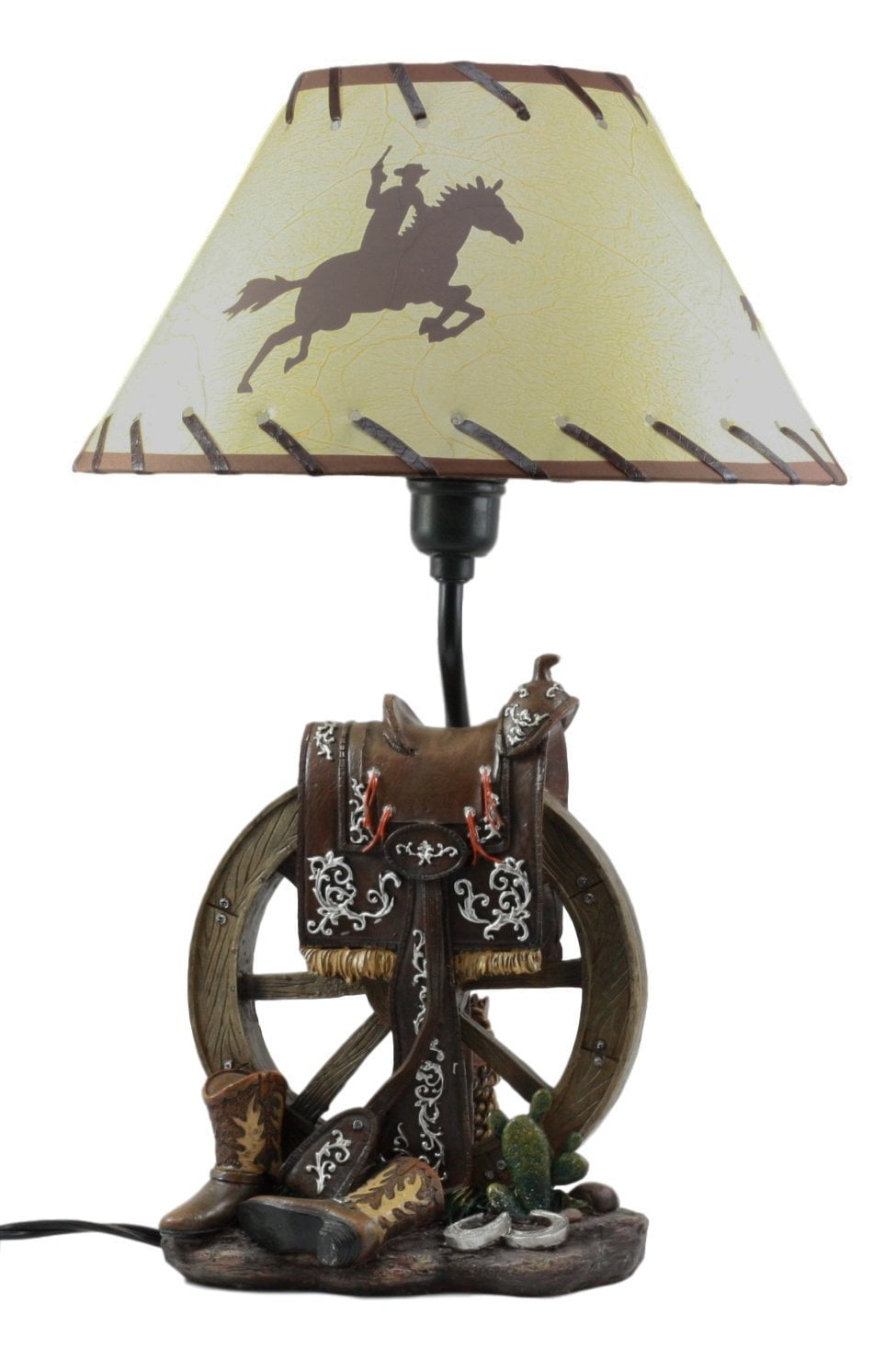 Set 2 TABLE LAMPS COUNTRY WESTERN GIFTS WAGON WHEEL COWBOYS HORSES WOODEN DECOR 