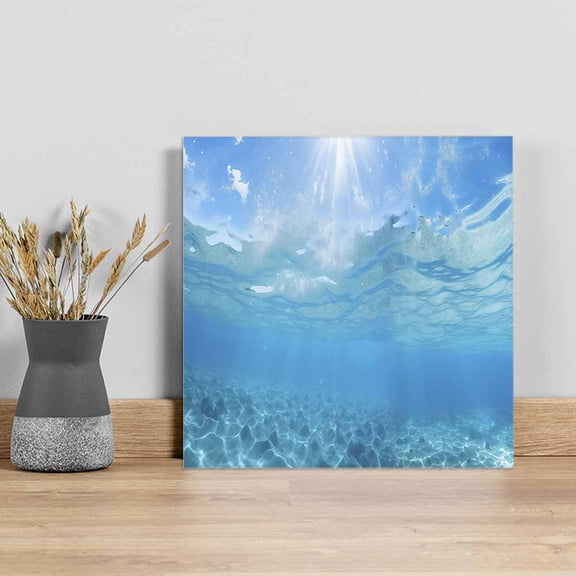 Blue Teal Summer Beach Wall Art Painting on Canvas, Coastal Nautical Seawater Ocean Canvas Art Home Prints Wall Art Framed Modern Artwork for Living Room Bedroom Wall Decor 8x8in