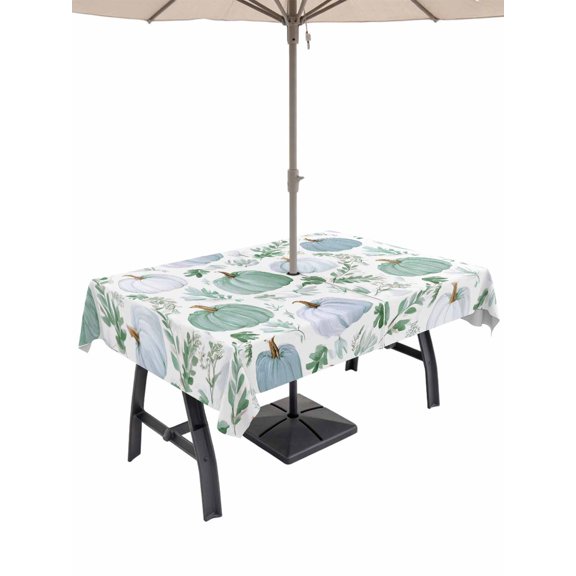 Outdoor Tablecloth with Umbrella Hole and Zipper, Green Grey Pumpkins Fall Rectangle Table Cloth 54x80 Inch Waterproof Tablecloth, Autumn Botanical Thanksgiving Picnic Table Cover for Patio Camping
