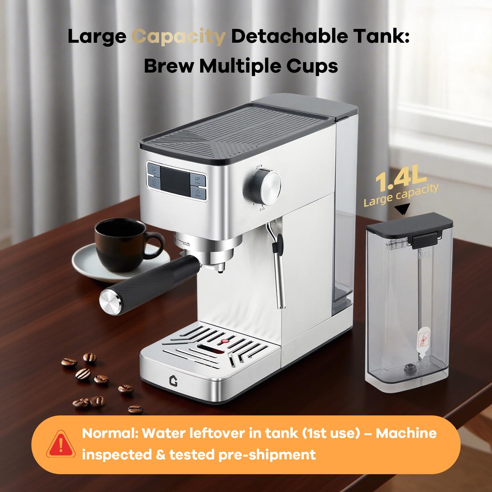Garvee Espresso Machines for Home, 20 Bar Slim Espresso Maker with Frother Steam Wand and 47oz Removable Tank, Silver