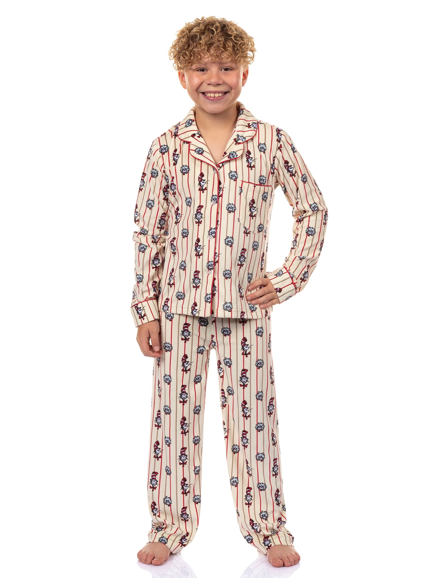 Dr. Seuss Cat in the Hat Matching Family Notch Collar Velour Pajama Sets, 2-Piece, Kids