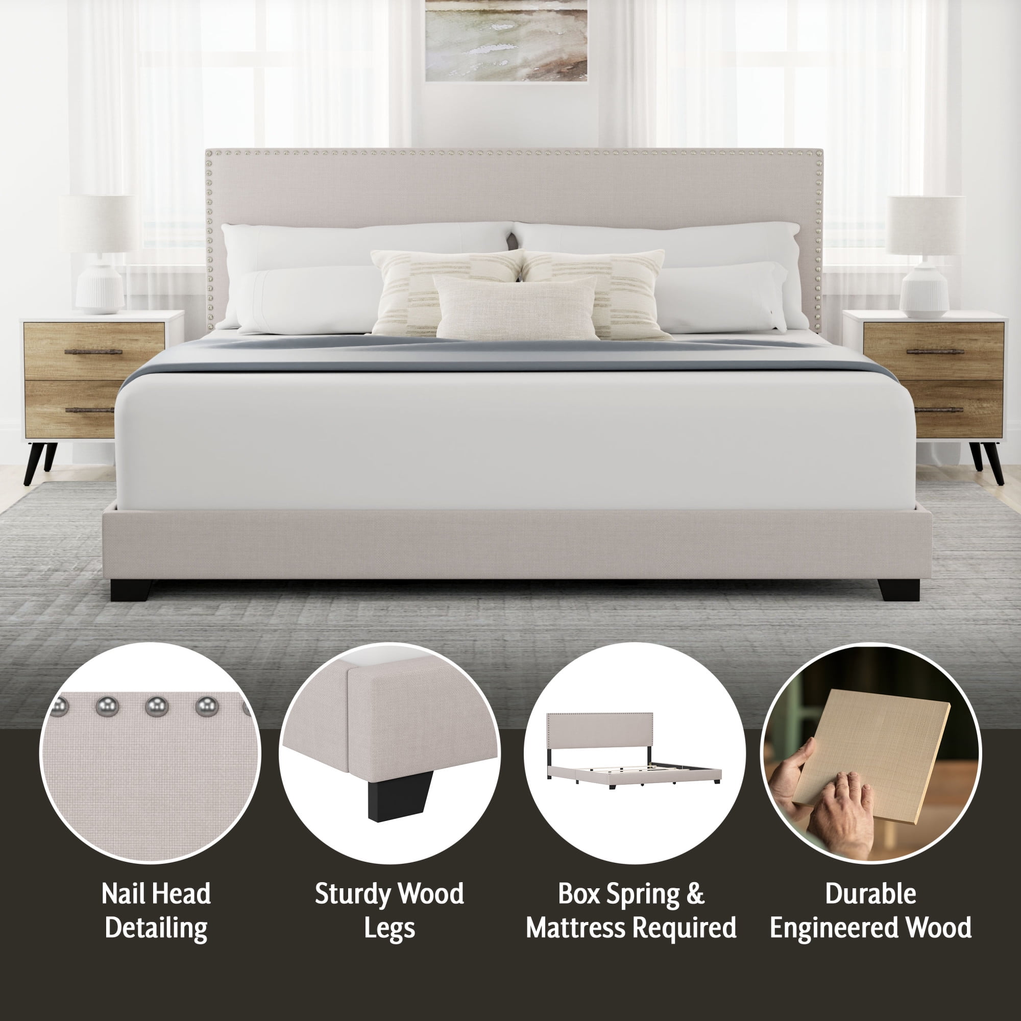 Willow Nailhead Trim Upholstered King Bed, Fog
