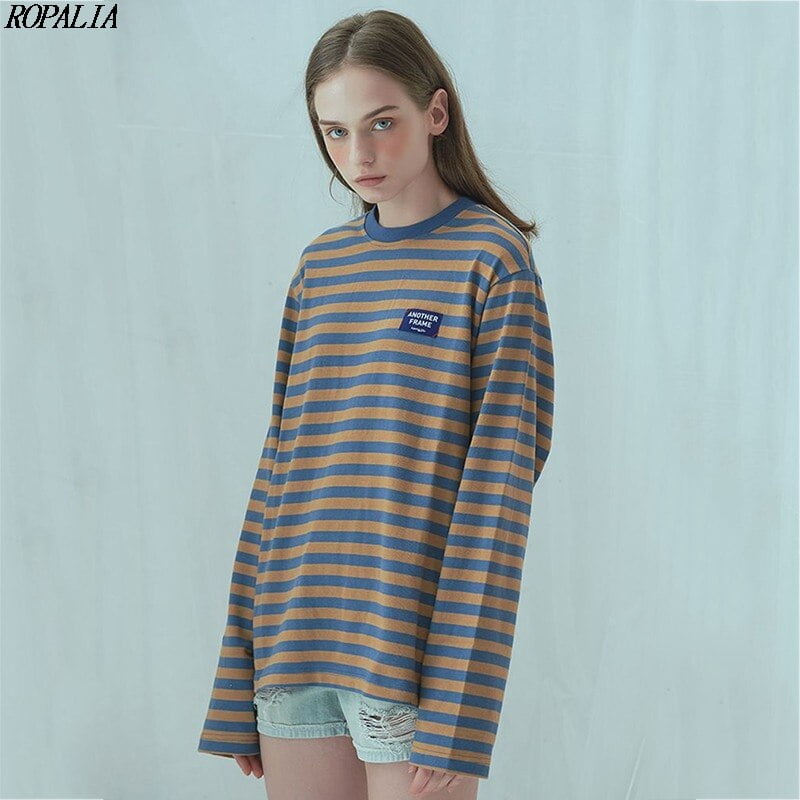 Neck Striped Long Sleeve Loose 
