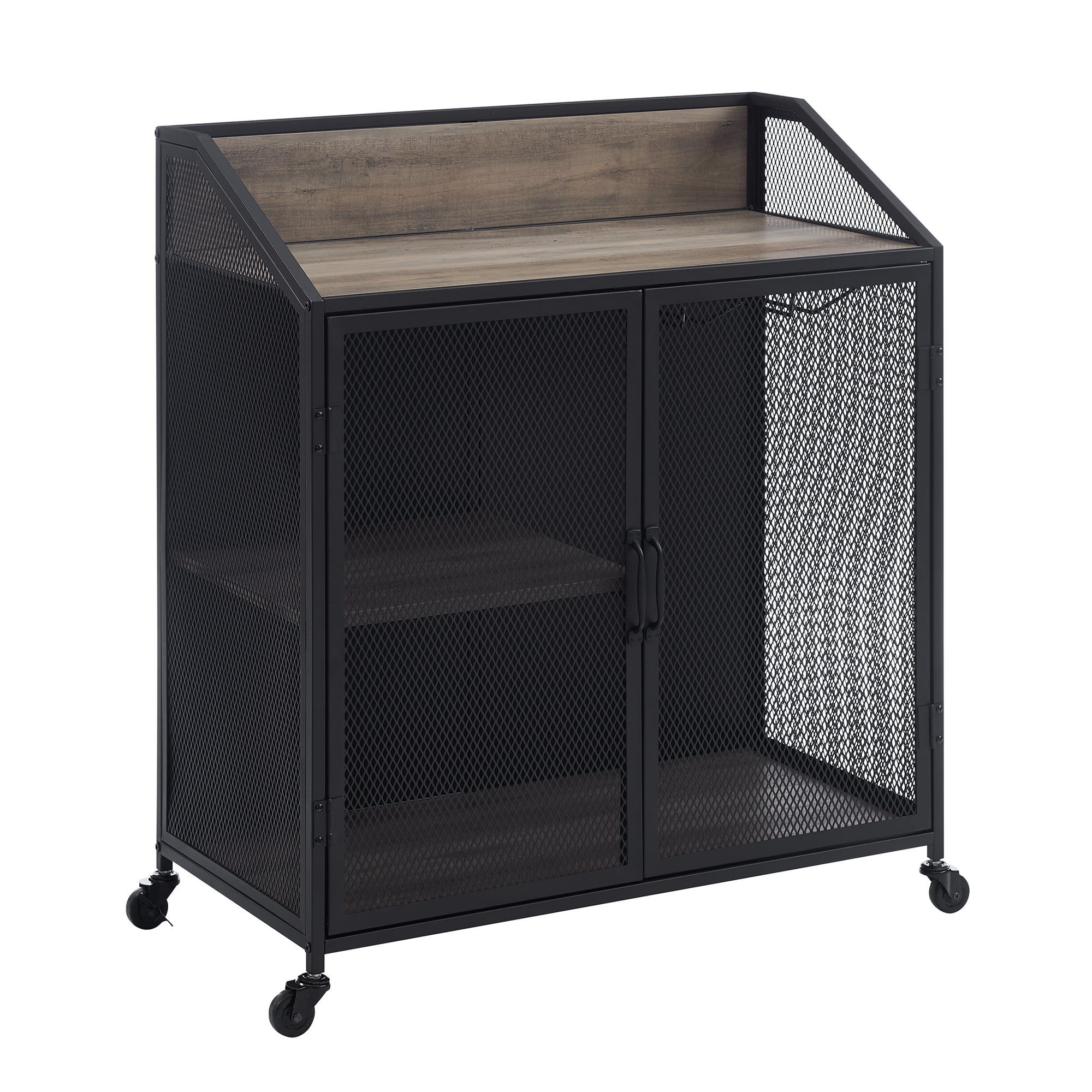 Walker Edison Industrial Bar Cabinet with Wheels, Grey Wash