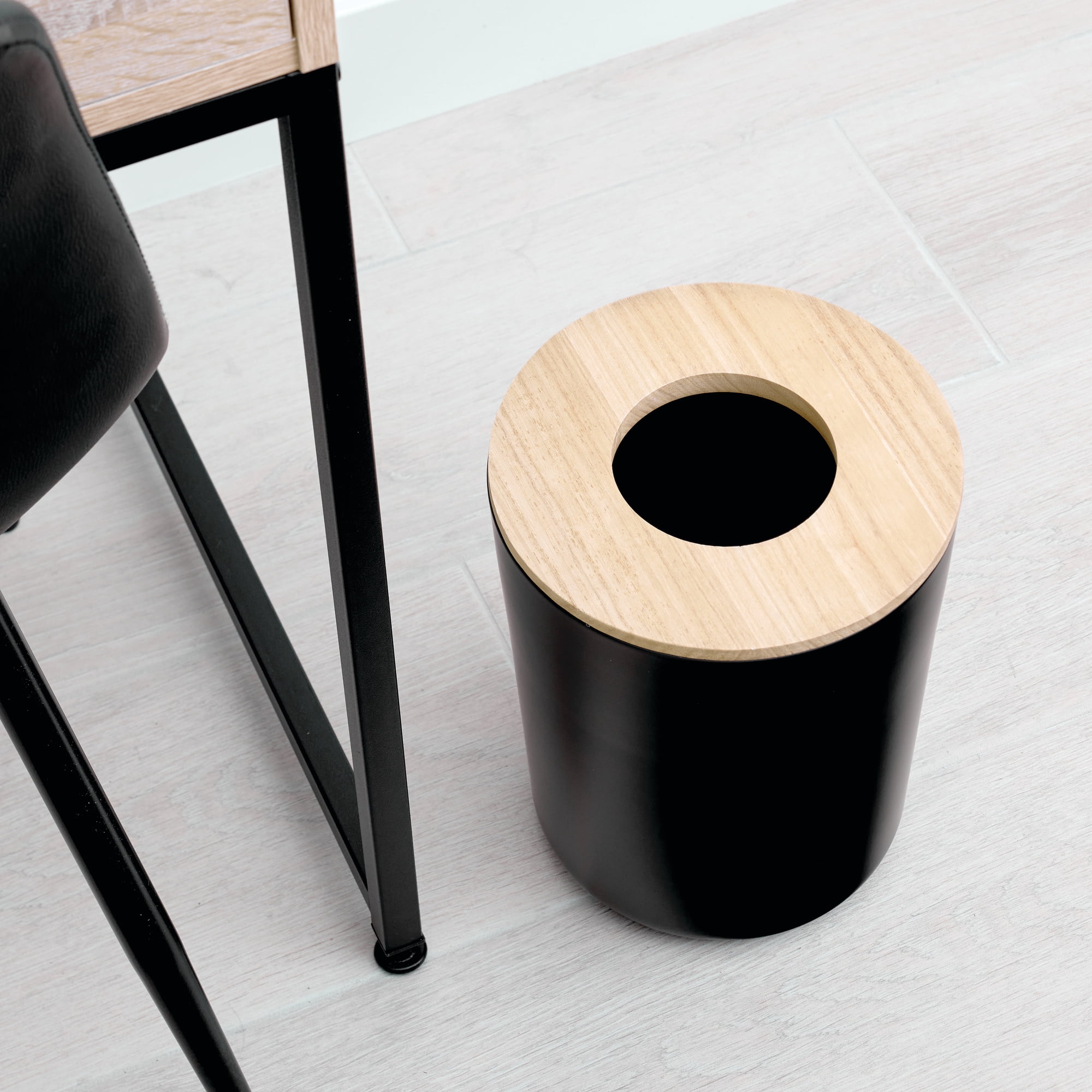 iDesign Bathroom Vanity Trash Can, 2.2 Gallon Round Steel and Wood Lid Garbage Bin, Black