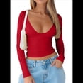 thumbnail image 1 of Tops de Escote en V Profundo para Mujer, Camisetas de Larga A , Camisetas de Punto Ajustadas, Camisetas de Moda de Otoño para Salir, Ropa Rojo S, 1 of 7