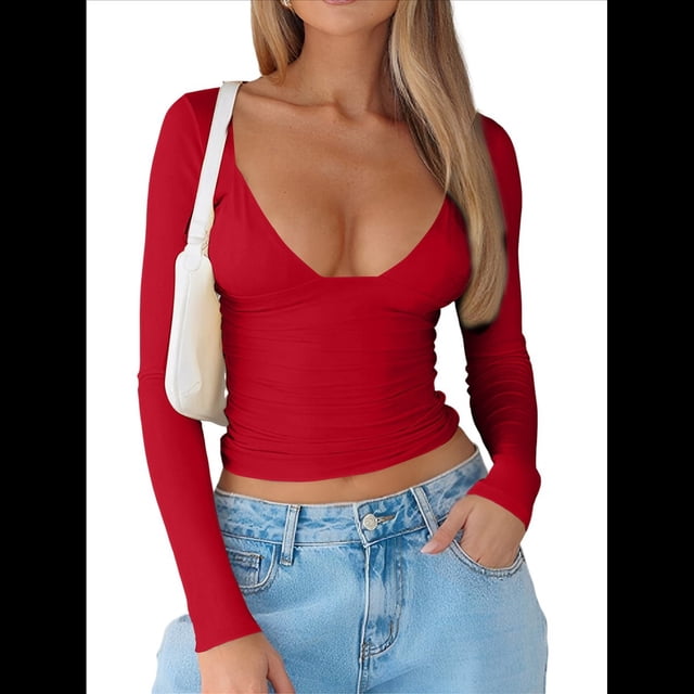 Tops de Escote en V Profundo para Mujer, Camisetas de Larga A , Camisetas de Punto Ajustadas, Camisetas de Moda de Otoño para Salir, Ropa Rojo S