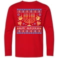 thumbnail image 3 of Inktastic Happy Hanukkah Sweater Style Design with Menorah and Dreidel Long Sleeve Youth T-Shirt, 3 of 5