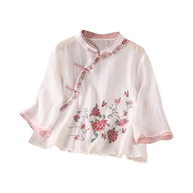 Vestidos Casuales Para Mujer, Blusas De Mujer De Moda Cárdigan informal de lino con cuello alto y botones bordados para mujer