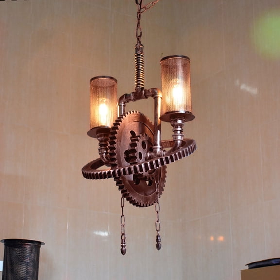 Shzicmy Industrial Gear Chandelier - Vintage Iron & Wood Ceiling Light Fixture