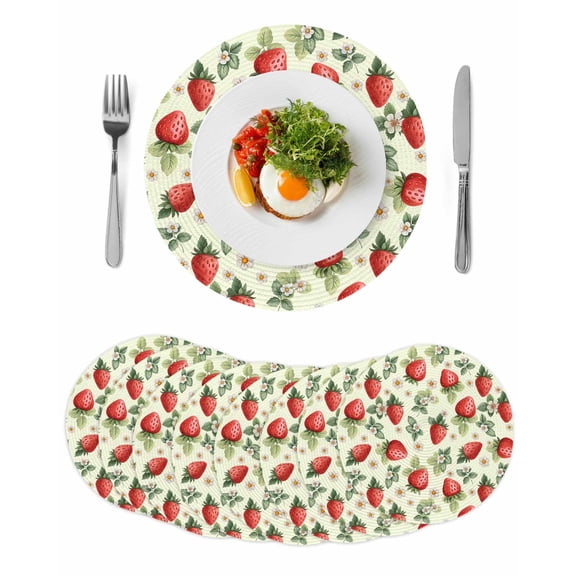 Red Strawberry Round 13 Inch Placemats Set of 8, Summer Fruits Farmhouse Leaves Flower Pastoral HeatResistant Non Slip Place Mats for Dining Table, Wipeable Kitchen Table Mats for Housewarming