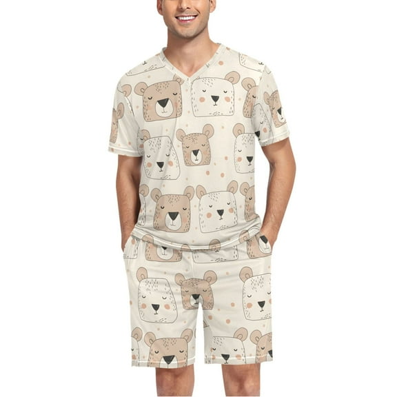 joogoo Men's Pajama Set Face Of Bears V-Neck Pj Shorts Set 2 Piece Loungewear Sleepwear L