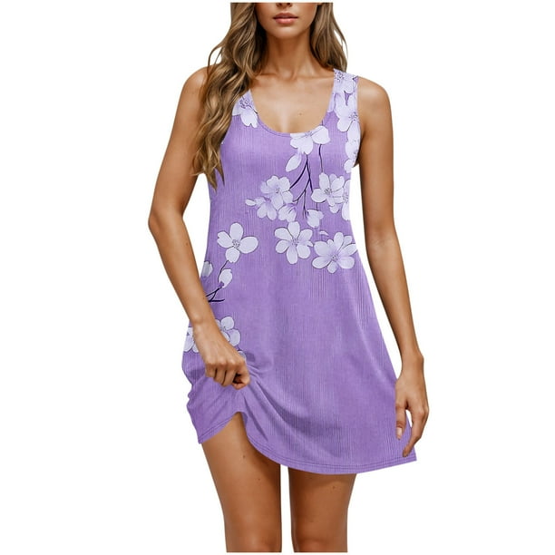 Vestido Corto de Verano Casual de Moda Impreso Cuello Redondo Bolsillo sin Mangas de las Mujeres, Vestido Casual para Diario