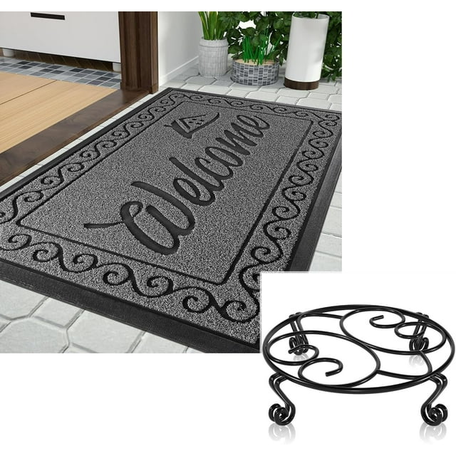 Welcome Front Door Mat, Original Patented Plant Stand for Flower Pot,Waterproof Quick Dry Floor Mat for Home, Garage, Hign Traffic Areas,Metal Rustproof Iron Garden Container Round Supports