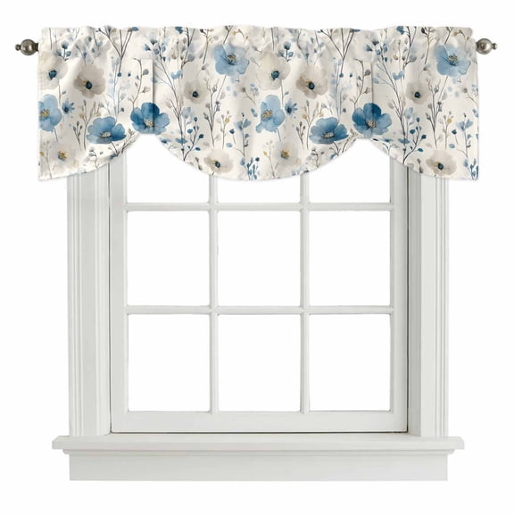 Spring Floral Tie Up Valance for Windows, off White Lake Blue Flower Leaves Vintage Adjustable Rod Pocket Tie Up Valance Curtains Window Treatment for Kitchen Bathroom Bedroom 54 X 18 Inch