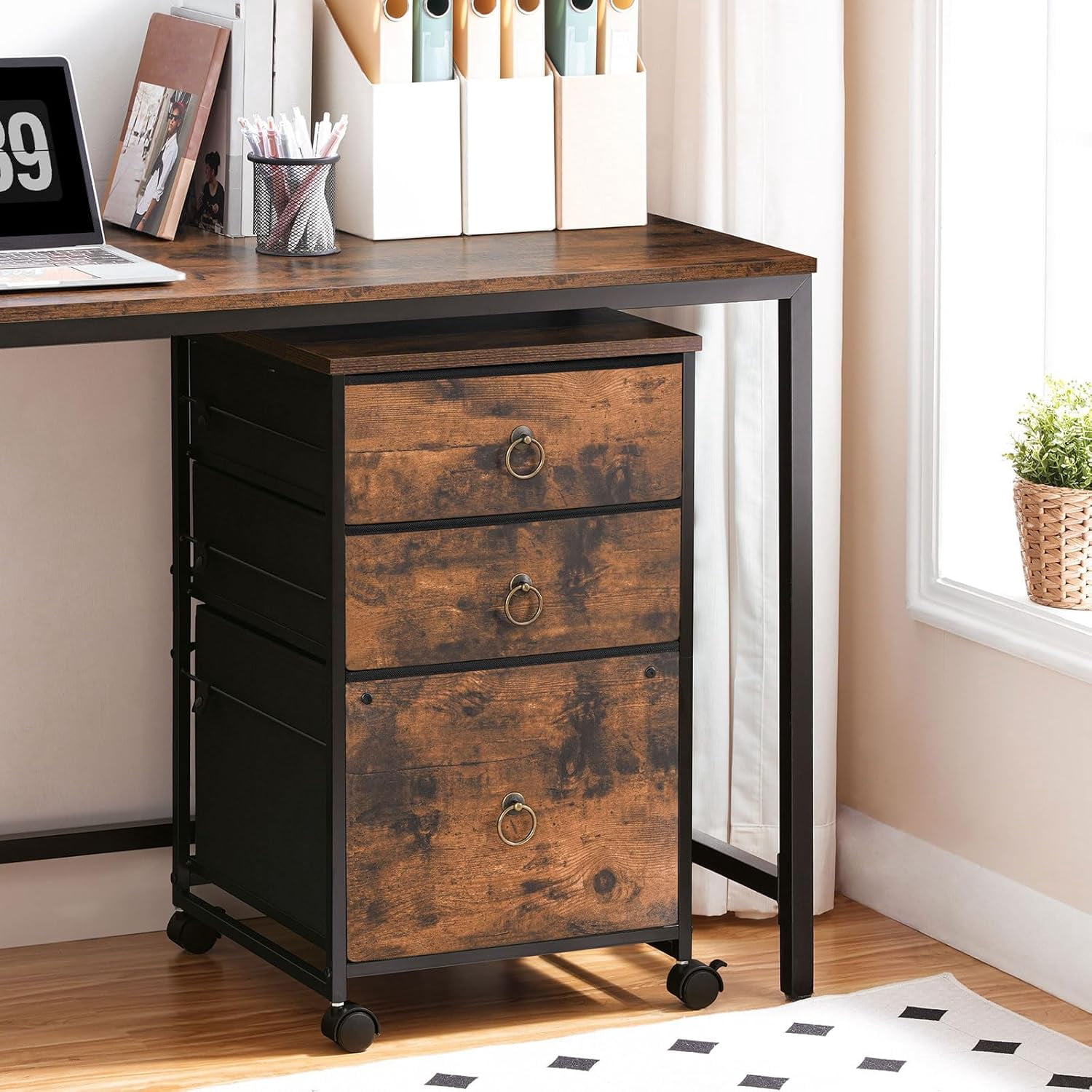 3-Drawer Rolling File Cabinet for Home Office, Vertical Under-Desk Cart with Fabric Drawers, A4/Letter-Sized, Rustic Brown