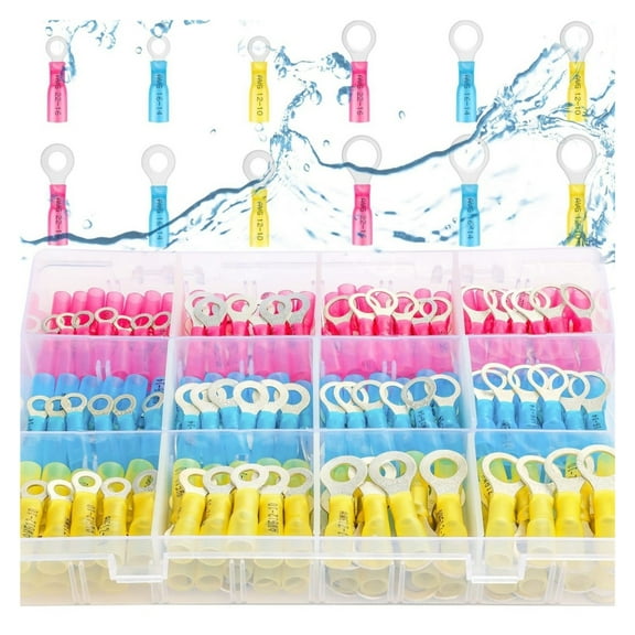 260PCS Heat Shrink Ring Connectors,AWG 22-10 Marine Grade Heat Shrink Wire Connectors Tinned Red Copper #10,1/4",5/16",3/8"Ring Terminals(3Colors/4Sizes)