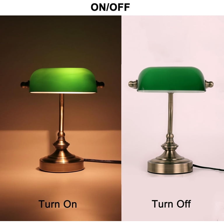 FIRVRE Blue Glass Bankers Lamp – Retro Desk Light With Pull Chain, Bronze Base, Adjustable Shade