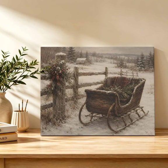Christmas Sleigh Canvas Wall Art, Winter Vintage Farmhouse Wreath Pine Tree Snow Wall Art Prints Artwork Framed Canvas Ready to Hang Art Pictures for Dining Room Bedroom Study Lounge Nook 18" x 12"