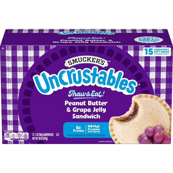 Smucker’s Uncrustables Peanut Butter & Grape Jelly Sandwiches, 15 Count, 2 oz Each, Frozen