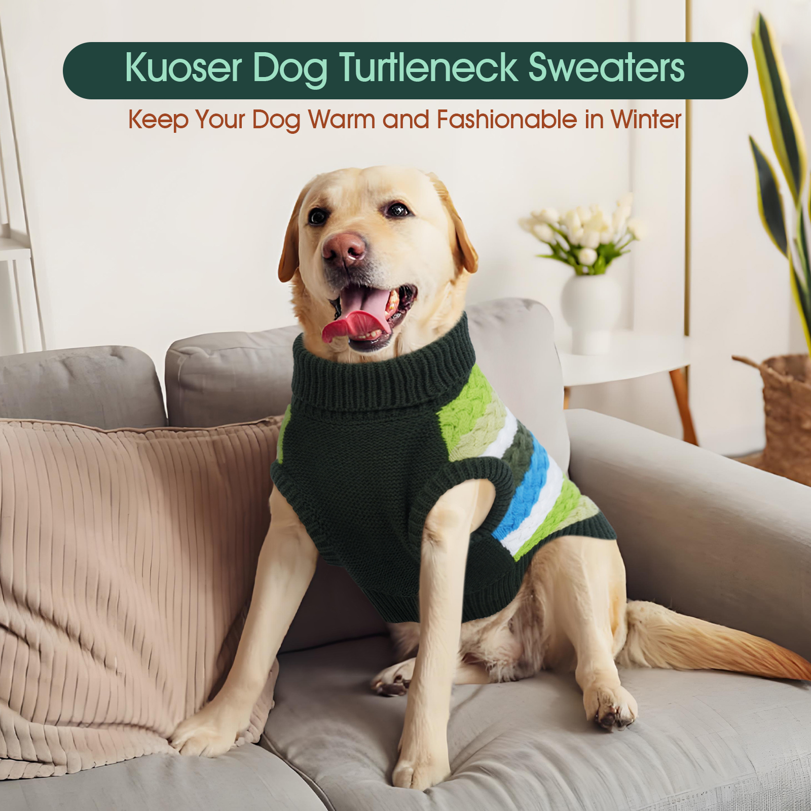 Kuoser Dog Sweater Warm Pet Knitwear Soft Winter Clothes for Dogs and Cats, Green, XL