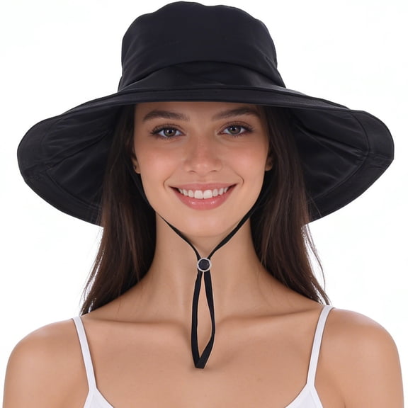 EINSKEY Womens Sun Hat with Ponytail Hole, 4.3" Wide Brim UPF 50 Waterproof Bucket Hat, Shapable & Packable for Beach Hiking Fishing - Black