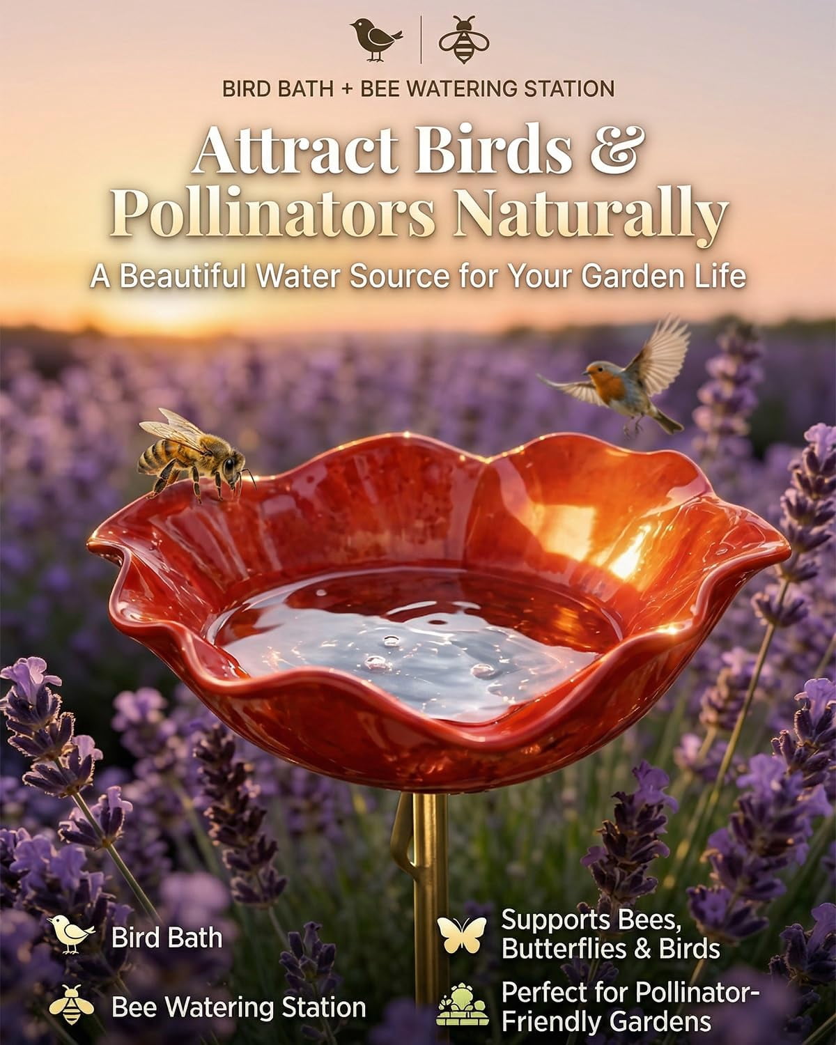 Handmade Metal Flower Garden Stakes Bird Bath Bee Watering Station for Garden Outside Pollinators Birdbaths Bowl for Decorative Outdoors Yard Art Hummingbird Fountain Butterfly Water Feeder Gift
