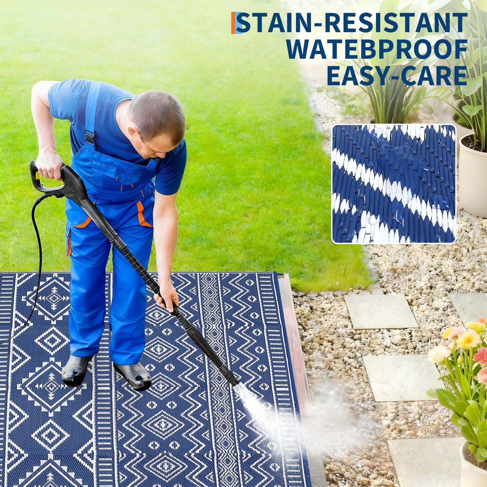 HIWEAVER 8' x 10' Navy/White Outdoor Rug PP Plastic Straw Woven Waterproof Patio Rug with Border Portable Outside Carpet for Balcony Deck Picnic Garden Decor