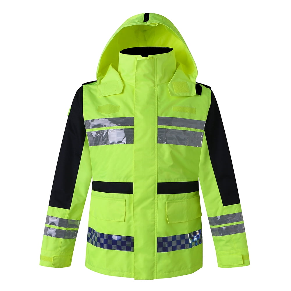 Safety Rain Jacket High Visibility Waterproof Reflective Raincoat with Detachable Hood Safety