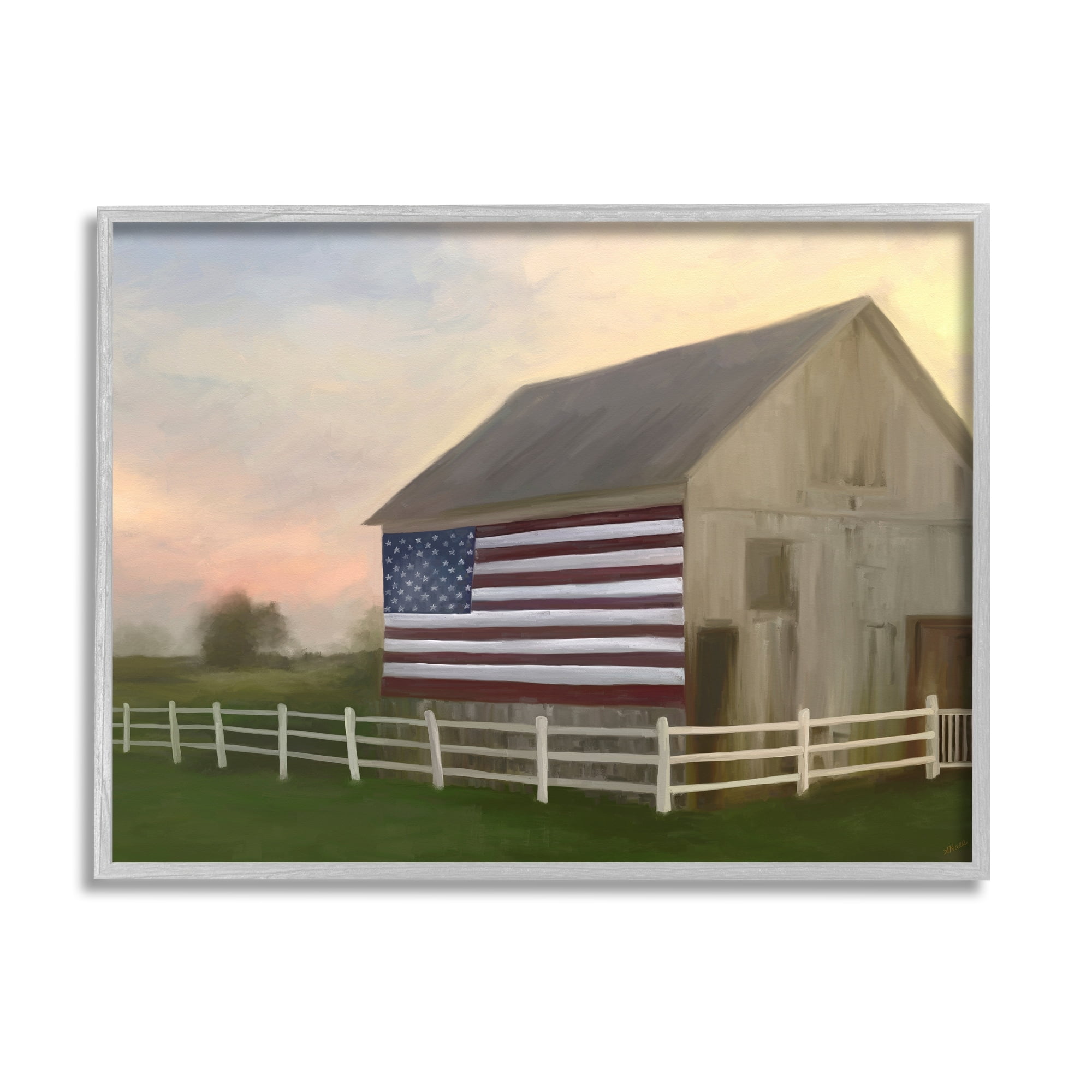 Stupell Industries American Flag Rural Barn Sunset Farm Landscape Painting Gray Framed Art Print Wall Art, Design by Amy Hall