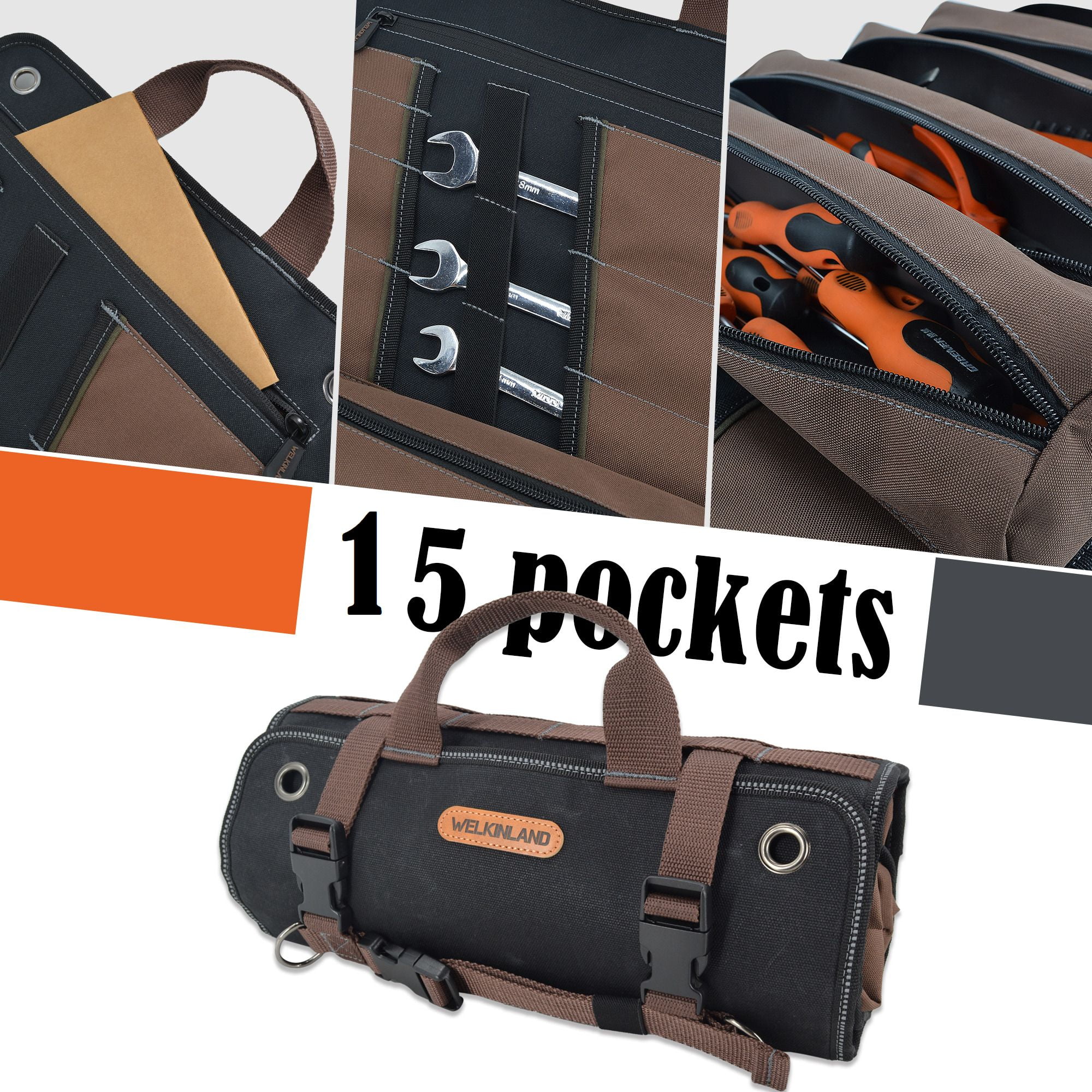 WELKINLAND Heavy-Duty Waxed Canvas 15-Pockets Tool Roll, 15L, Black