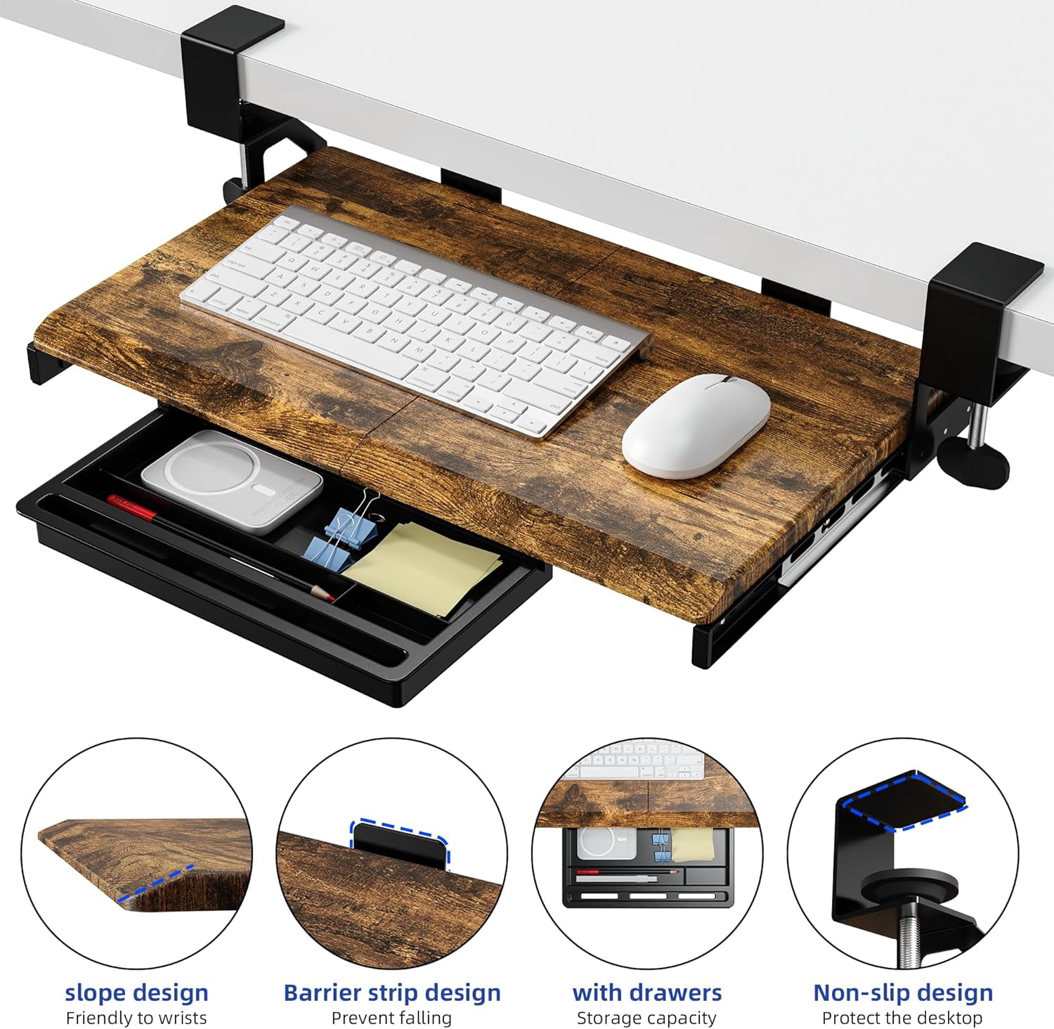 Under Desk Keyboard Tray with Slide Pull Out, C Clamp Mount, Ergonomic Computer Stand for Home Office, White, 19.7" x 12.2" Small Size