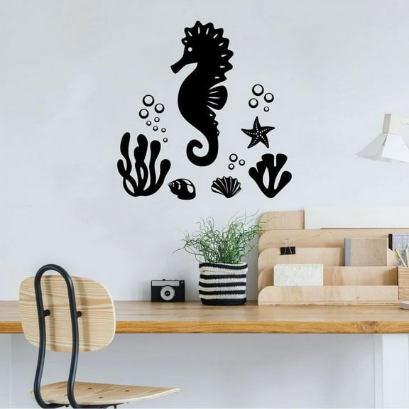 Seahorse Starfish Shell Cute Underwater Silhouette Drawing Cartoon Vinyl Wall Decal Wall Sticker Wall Art Home Decoration Fun Home Decoration For Girls Boys Kids Room House Décor Size (40x40 inch)