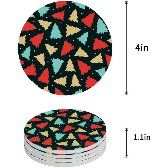 RYLABLUE Merry Christmas Xmas Tree Winter Christmas Set of 8 Round Coaster for Drinks, Absorbent Ceramic Stone Coasters Cup Mat with Cork Base for Home Kitchen Room Coffee Table Bar Decor