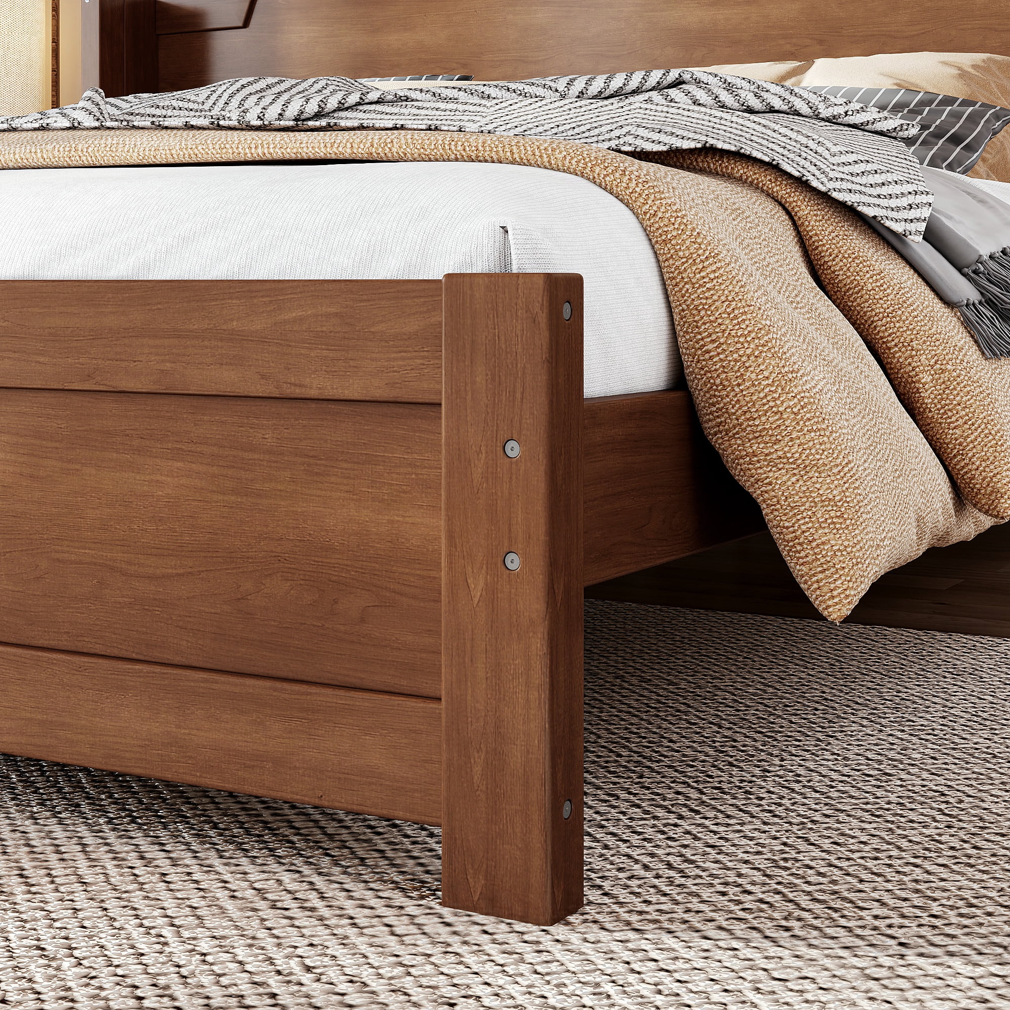 GARITIN King Solid Wood Platform Bed with Headboard, Brown Finish & Minimalist Design, Easy Assembly, No Box Spring Needed Traditional Wood Bed Frame, Brown