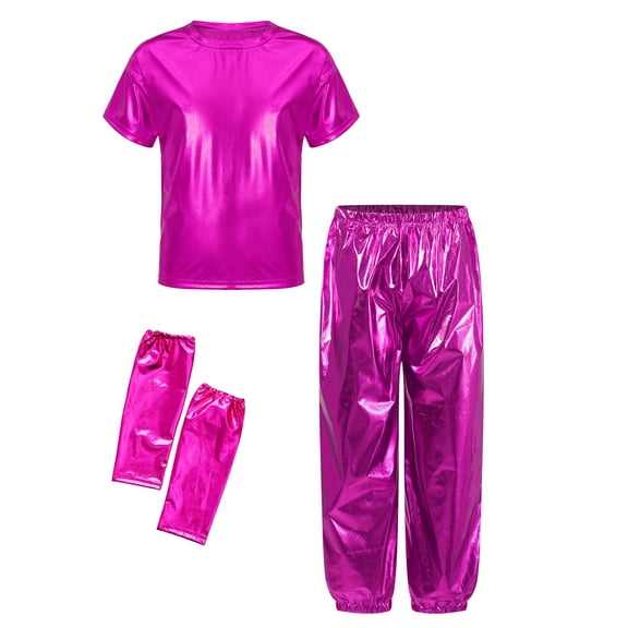 TTAO Kids Girls Boys Street Jazz Hip Hop Ballet Dance Outfits Shiny Short Sleeve Tops with Harem Pants Gloves Set Hot Pink 14-15