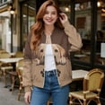 thumbnail image 2 of Xoenoiee Womens Bomber Jacket Cropped Zip Up Varsity Jacket Loose Fit Casual Coat Lightweight Fall Winter Outwear With Pockets, Labrador & Paw Brown, Small, 2 of 7