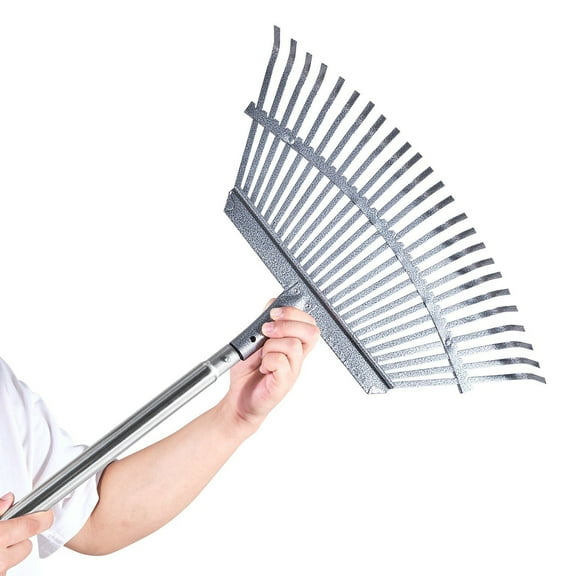 25-Tine Metal Leaf Rake, Adjustable Garden Lawn Rake with 18.3" Wide Head & 36.4"-72.8" Telescopic Handle, Stainless Steel Tool for Small Leaves, Yard, Grass, Camping & Outdoor Gardening