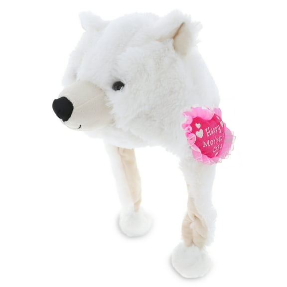 DolliBu Happy Mother's Day Super Soft Polar Bear Plush Hat - Cute Stuffed Animal with Pink Heart Message for Best Mommy, Grandma, Wife, Daughter - Cute Wild Life Plush Toy Gift - 16" Inches